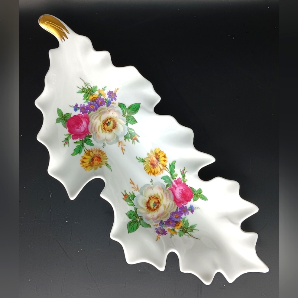 Old Nuremberg Bavaria Germany Floral Porcelain Leaf Dish Gold Trim Vintage 12"